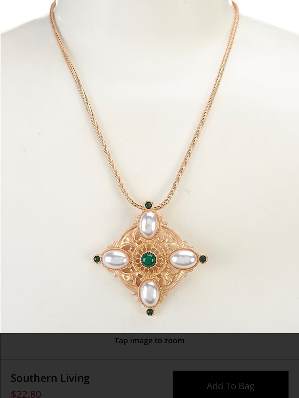 Southern Living Pearl Oval Cabochon & Green Swirl Stone Short Pendant Necklace